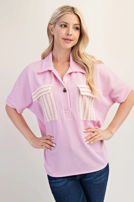 Celeste Full Size Rib Knit Collared Top with Striped Pockets Plus Size PINK STRIPE