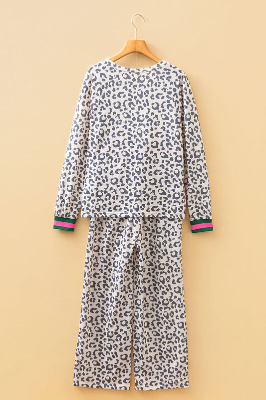 Leopard Long Sleeve V-Neck Top and Pant Set