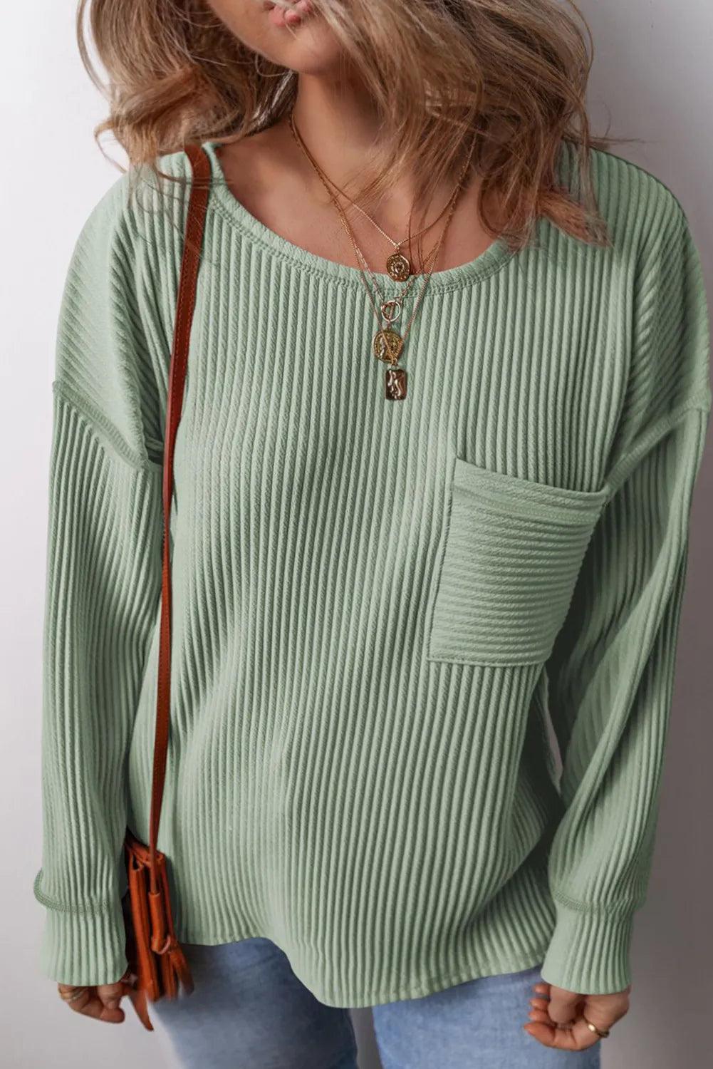 Plus Size Pocketed Ribbed Round Neck Long Sleeve Top Gum Leaf