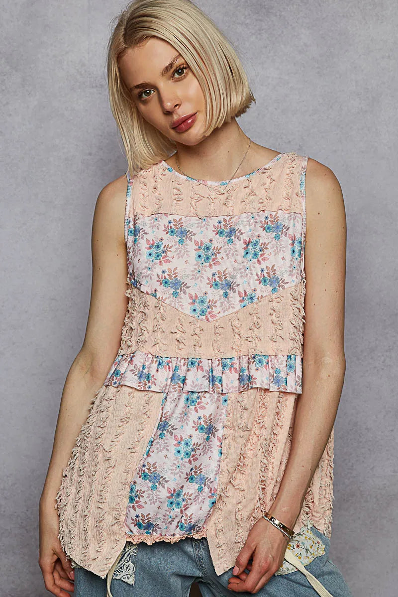 POL Floral Textured Round Neck Sleeveless Top Pink