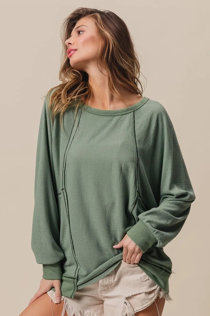 BiBi Cross Hatch Knit Uneven Hem Cont Lslv Top