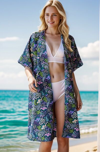 Heimish Full Size Half Sleeve Floral Open Cardigan Plus Size Navy