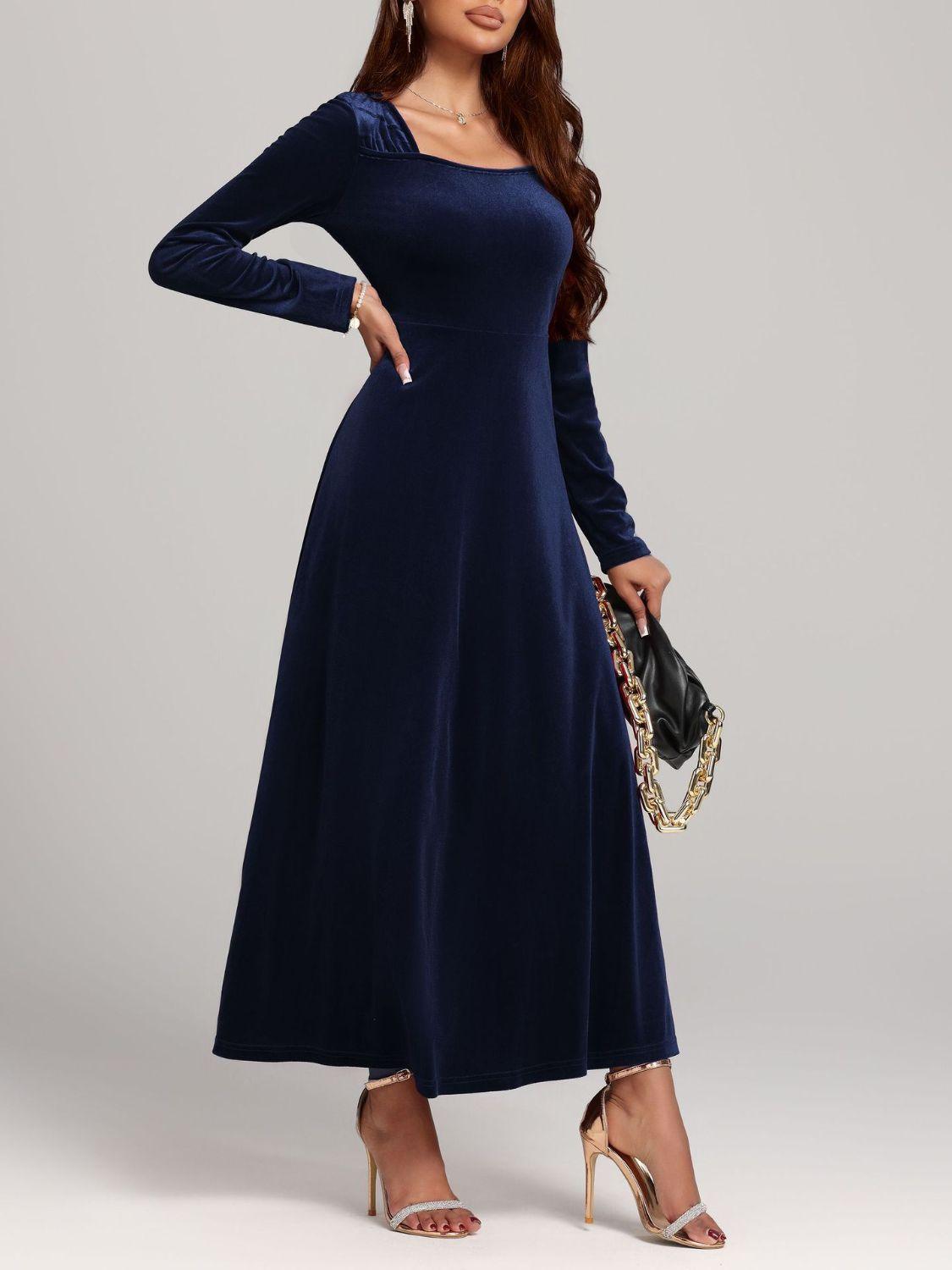 Square Neck Long Sleeve Velvet Dress Navy