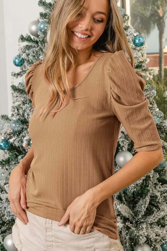 BiBi Verigated Rib Knit Puff Sleeves Shorts Top TAUPE