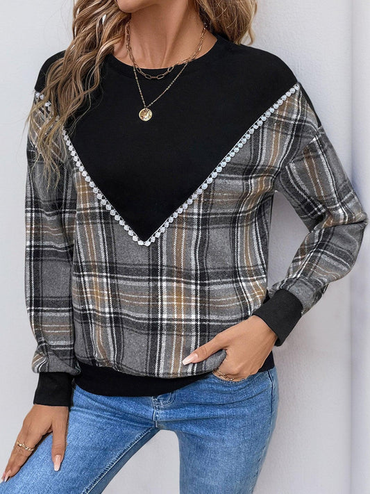 Perfee Plaid Round Neck Long Sleeve Sweatshirt Black