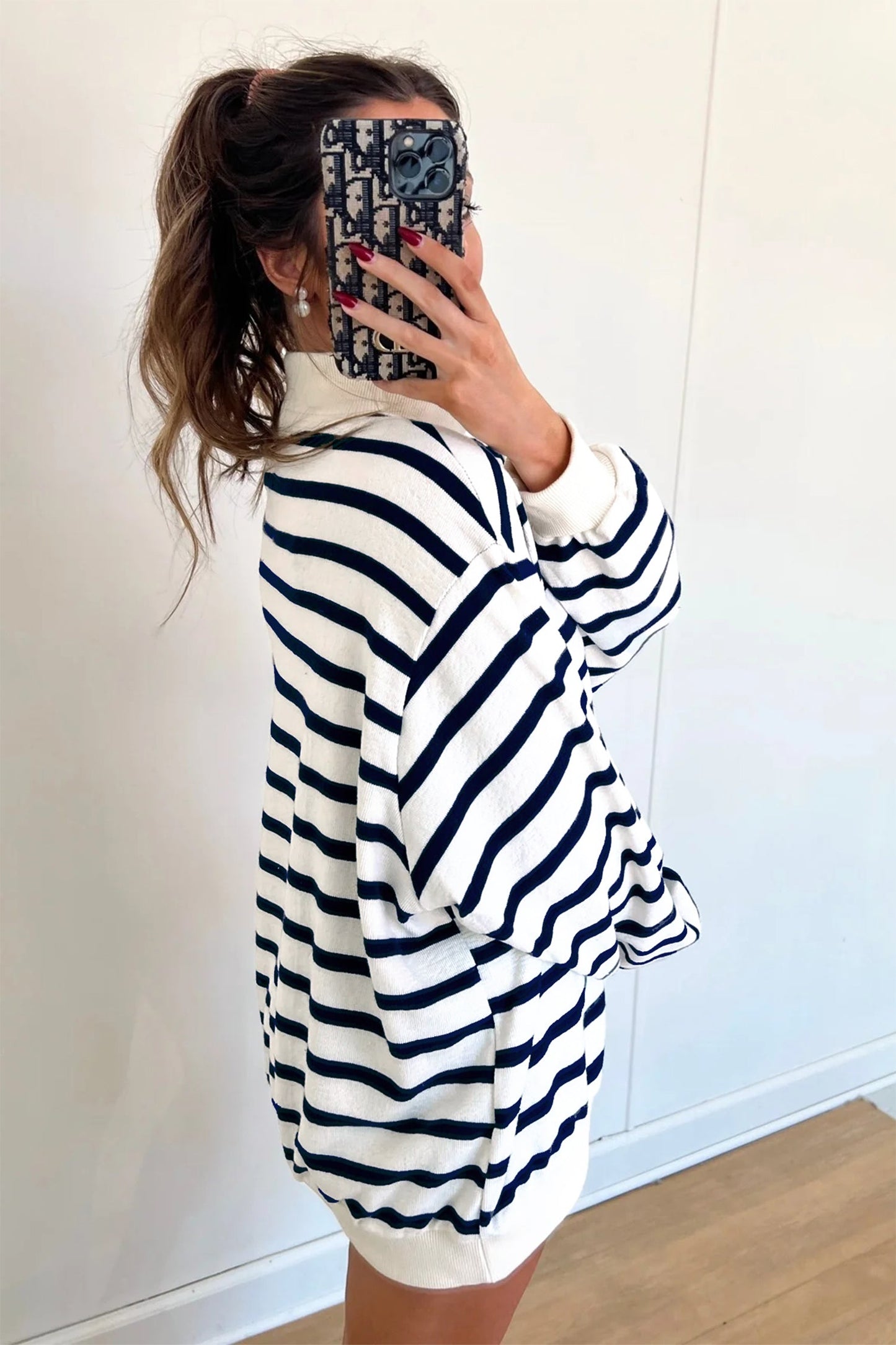 Stripe Ribbed Trim Stand Neck Long Sleeve Sweatshirt