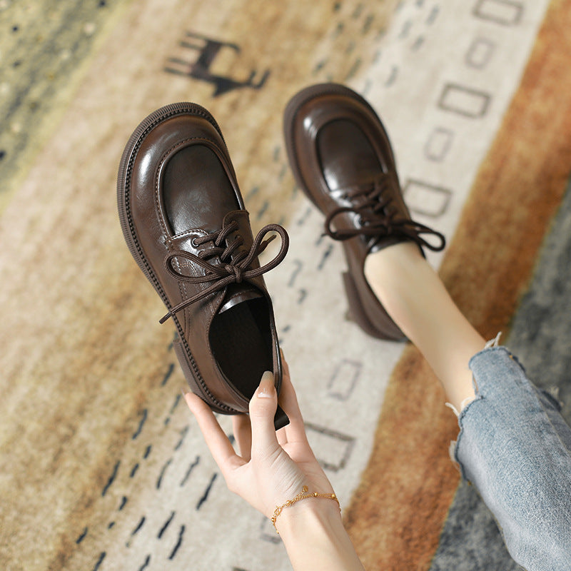 Women's British-Style Lace-Up Leather Loafers | Soft Sole Round Toe Everyday Shoes