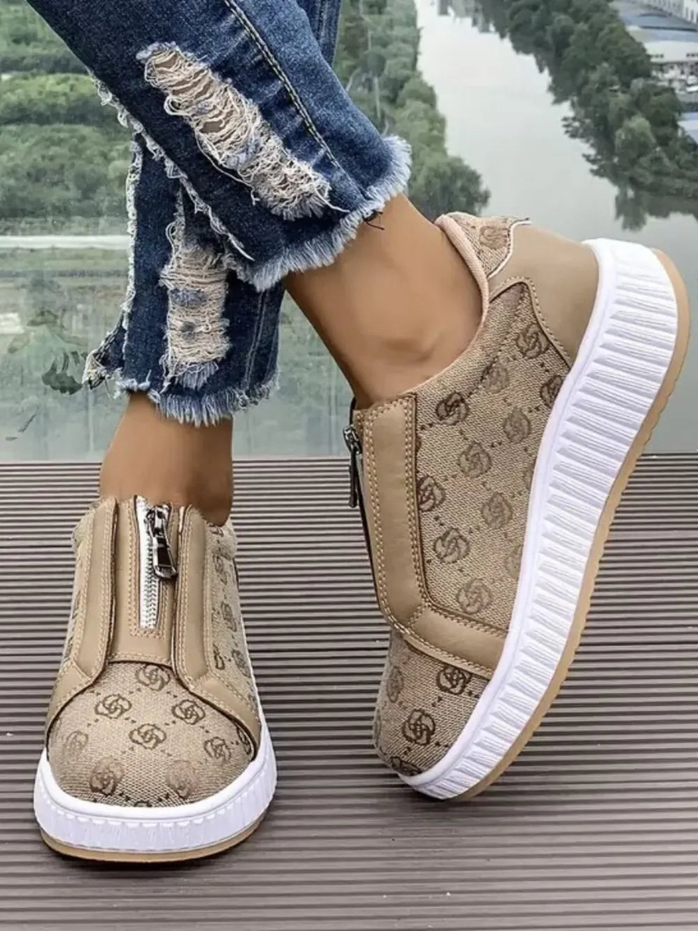 Floral Round Toe Sneakers with Zip Tan