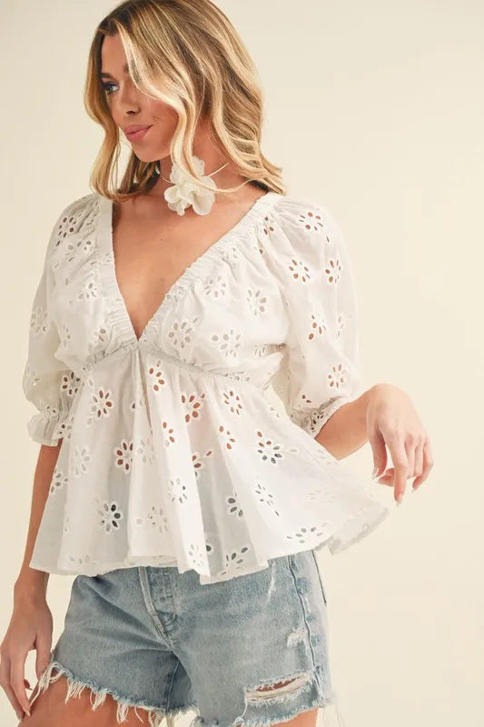Aemi + Co Eyelet Embroidered V-Neck Half Sleeve Peplum Blouse