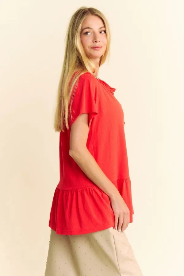 Davi & Dani Solid Lace Trim Neck Short Sleeve Peplum Top
