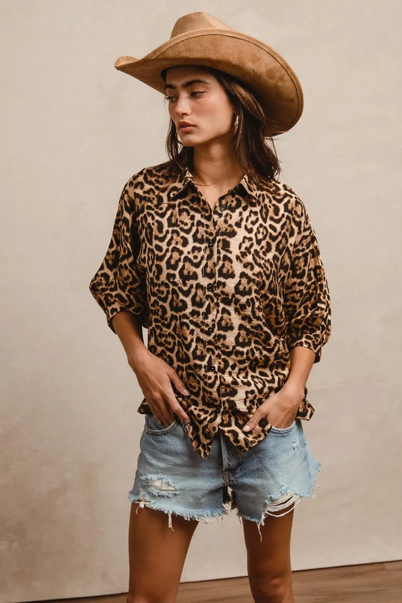 BiBi Leopard Prints Overseized Short Sleeves Top LEOPARD