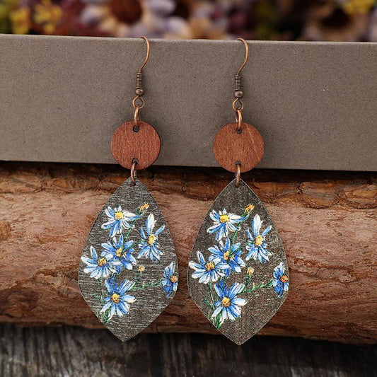 Flower Geometrical Shape Wooden Earrings Light Blue One Size