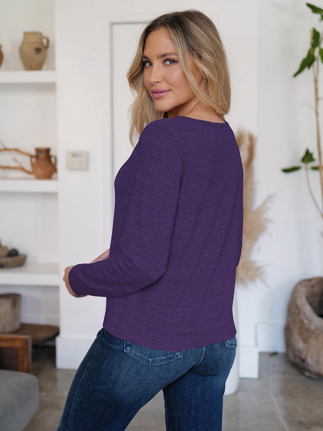Button Up Round Neck Long Sleeve Cardigan Purple