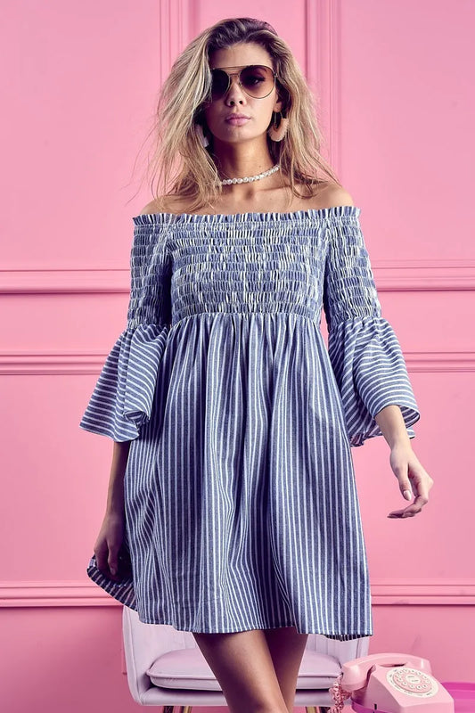 BiBi Smocked Off Shoulder Striped Dress DENIM