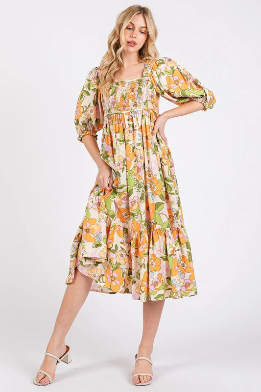 Mittoshop Flower Print Puff Sleeve Ruffle Smocked Midi Dress ORANGE
