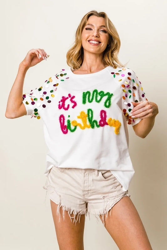 BiBi Metallic Letter Spangle Raglan Puff Sleeve Top OFF WHITE