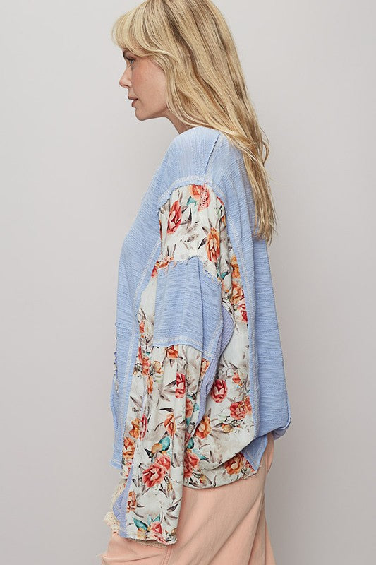 POL Floral Stud Detail Star Patch Notched Long Sleeve T-Shirt