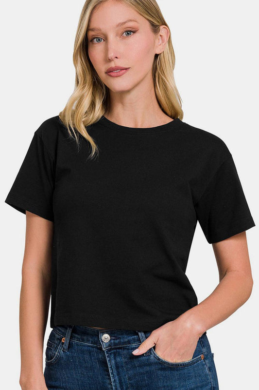 Zenana Round Neck Short Sleeve Cropped T-Shirt Black
