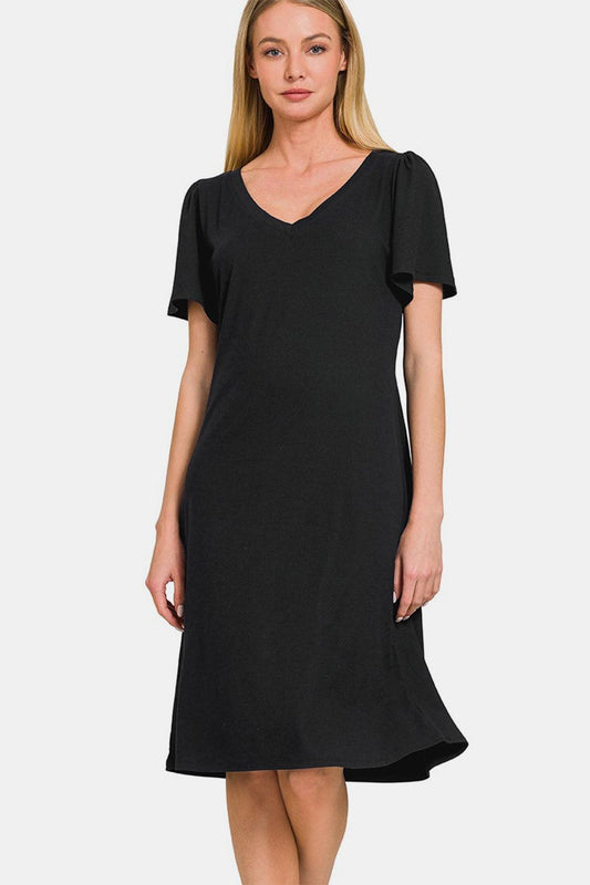 Zenana V-Neck Short Sleeve Dress Black