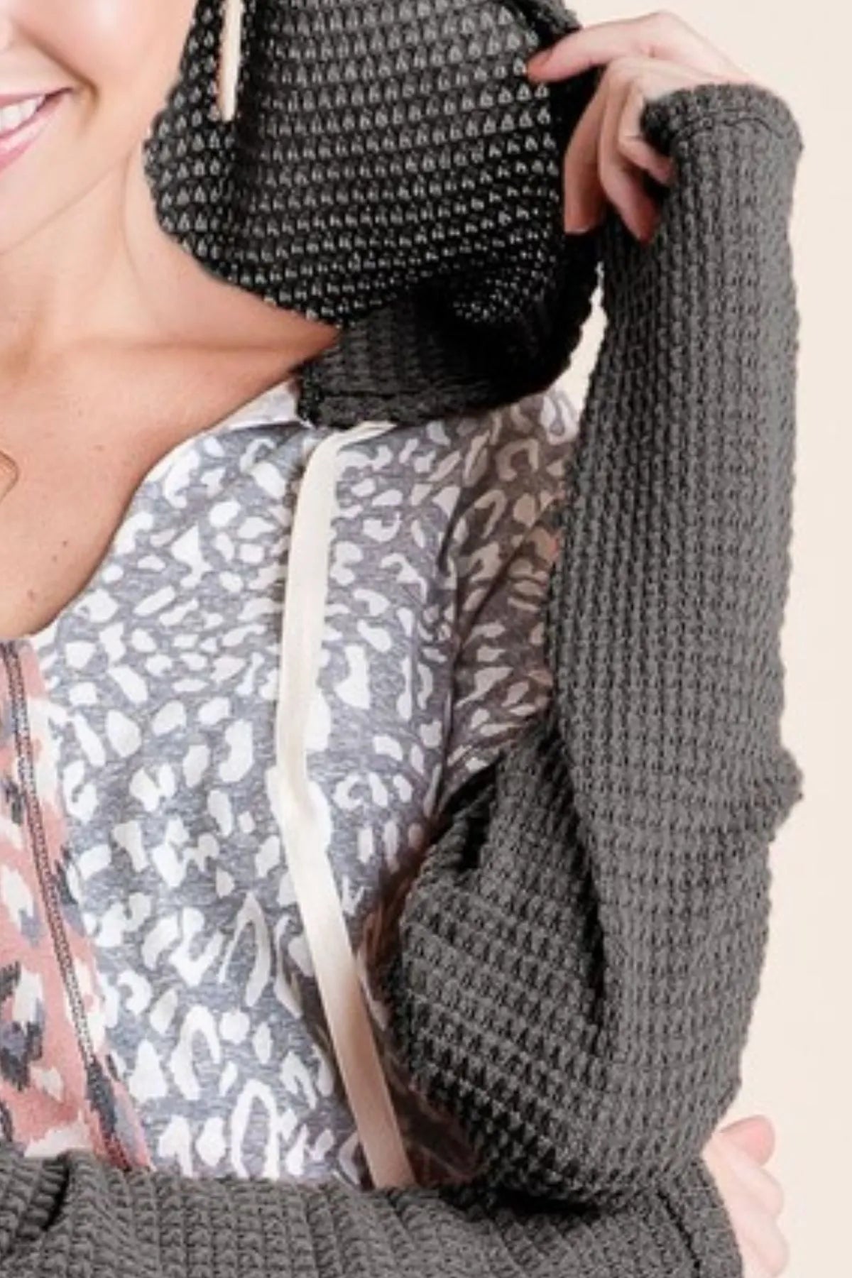 BiBi Popcorn Waffle Knit Hoodie With Print Block Front