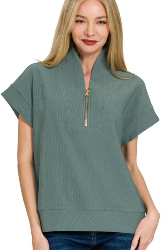 Zenana Ribbed High Neck Half Zip Top ASH JADE