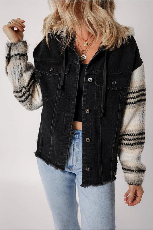 Drawstring Raw Hem Button Up Hooded Denim Jacket Black