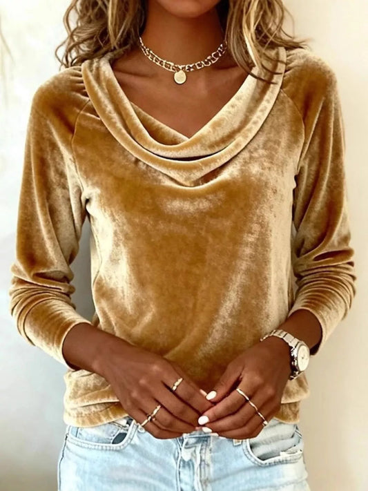 Velvet Cowl Neck Long Sleeve T-Shirt