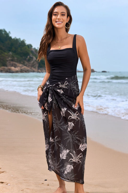 Square Neck Printed One-Piece Swimwear and Cover Up Swim Set Black