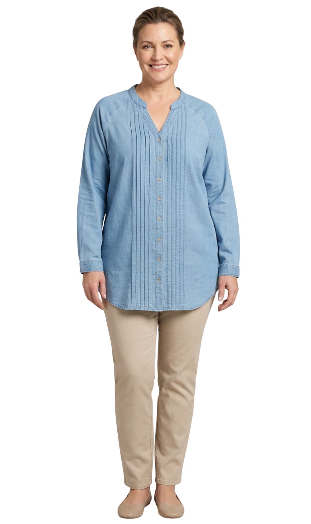 Women's Denim Pintuck Button-Front Tunic Top