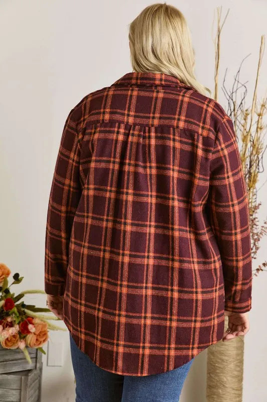 ADORA Full Size Button Down Flannel Shirt Plus Size