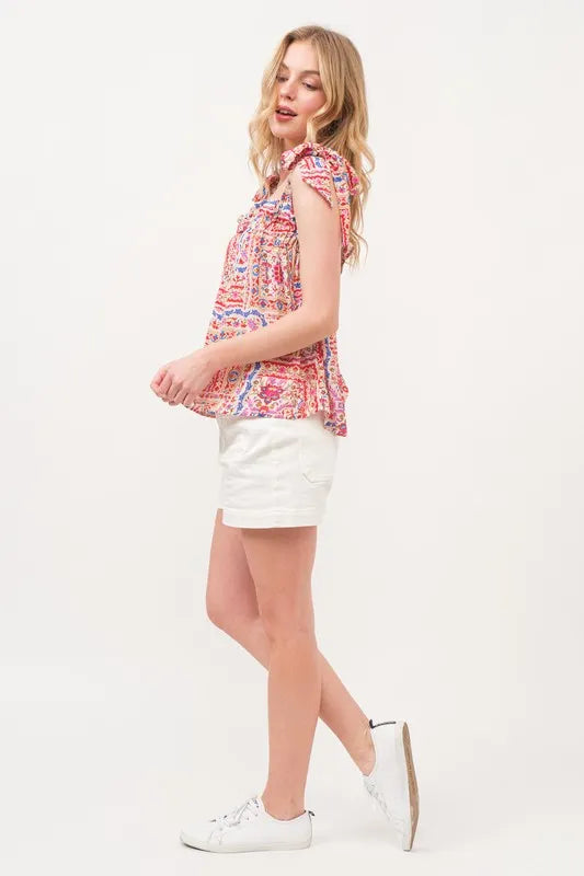 And The Why Ruffled Neck Tied Strap Boho Printed Swing Top