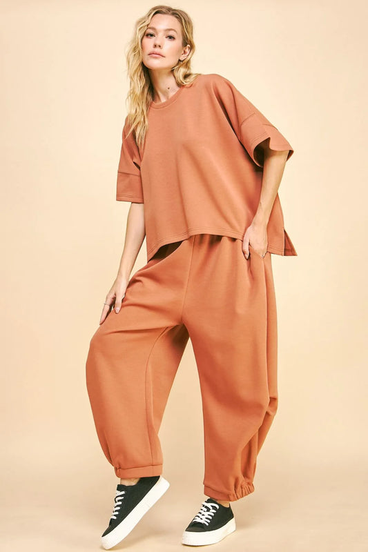 Davi & Dani Flowy Top and Elastic Waist Band Pants Set SUN BURN BROWN