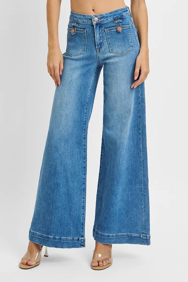 RISEN Full Size Mid Rise Wide Front Patch Pocket Jeans Plus Size MEDIUM