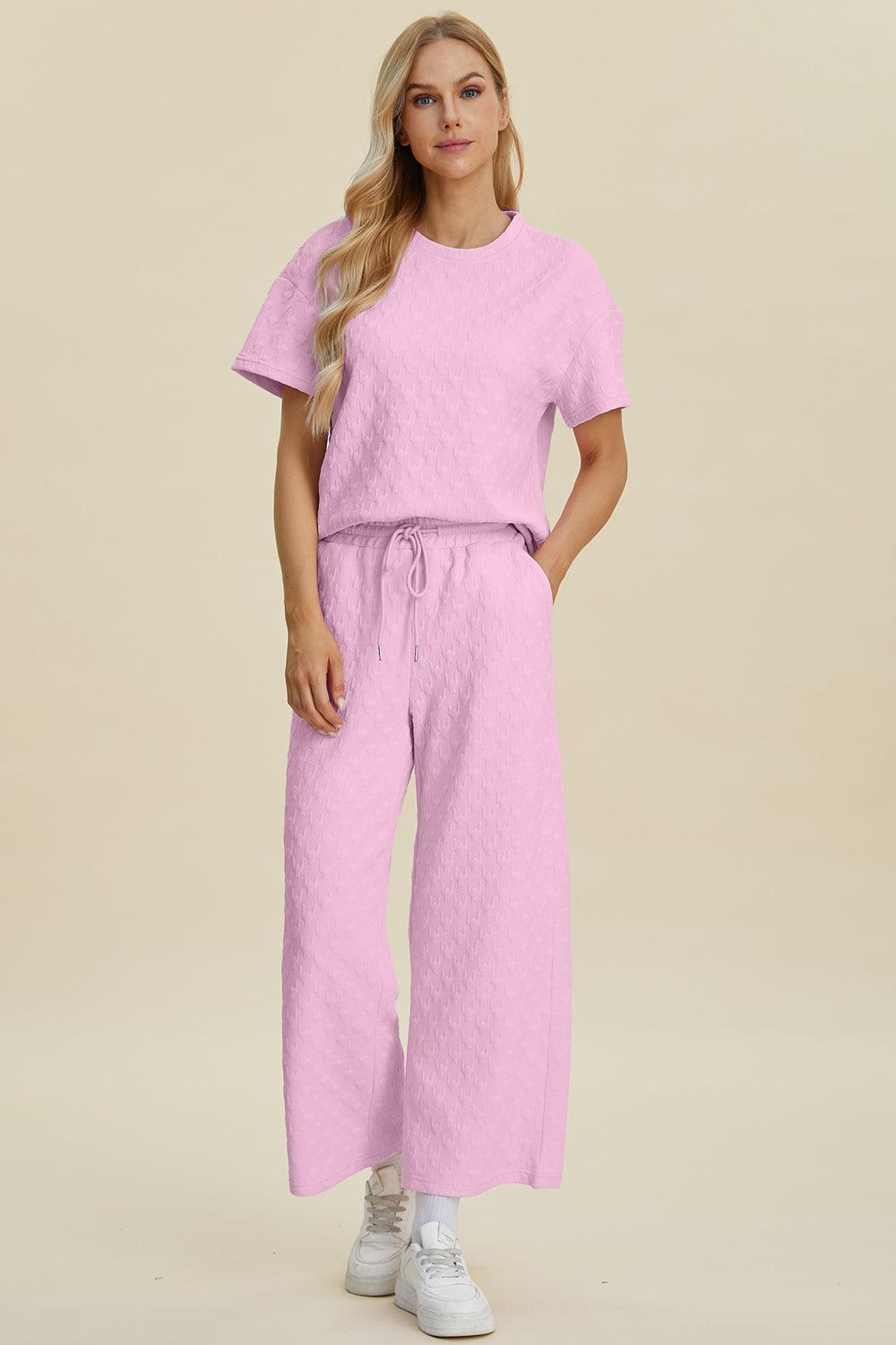 Double Take Full Size Texture Round Neck Short Sleeve Top and Pants Set Pink