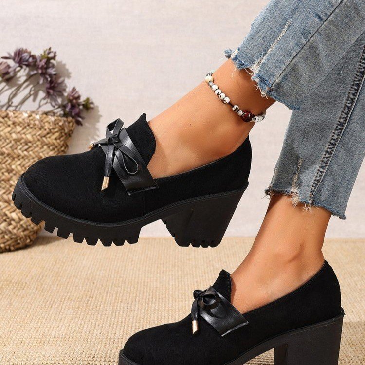 Women's French Loafer Suede Slip-on Shoes - Chunky Heel Pumps with Striped Design