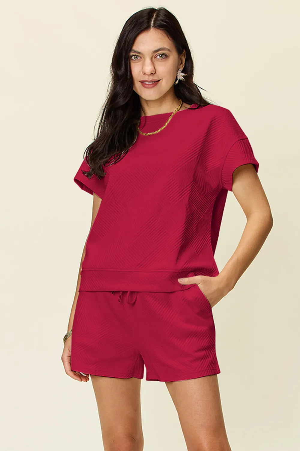 Double Take Full Size Texture Short Sleeve T-Shirt and Drawstring Shorts Set Deep Red