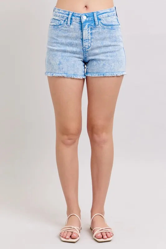 Judy Blue Full Size Mid Rise Garment Dyed Denim Shorts Plus Size CYAN