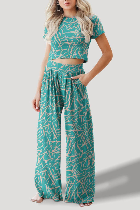 Printed Round Neck Short Sleeve Top and Pants Set Teal