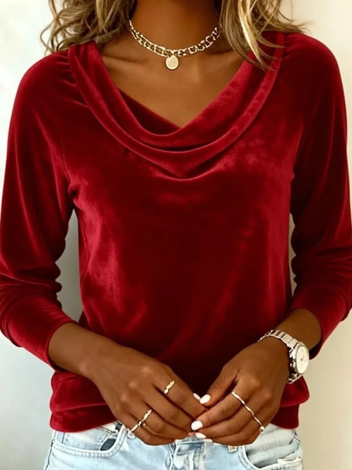 Velvet Cowl Neck Long Sleeve T-Shirt