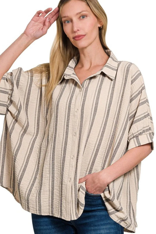 Zenana Woven Yarn-Dye Stripe Oversized Button Down Shirt TAUPE