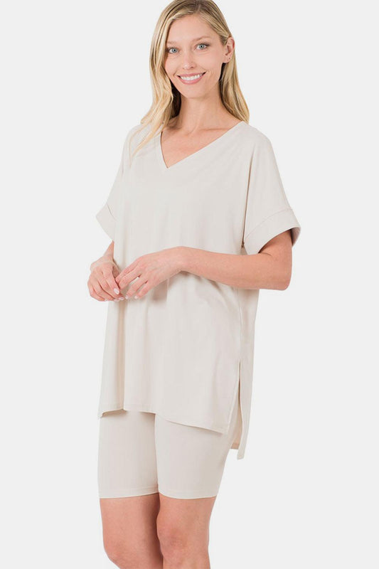 Zenana Full Size V-Neck Short Sleeve Slit T-Shirt and Shorts Set Bone