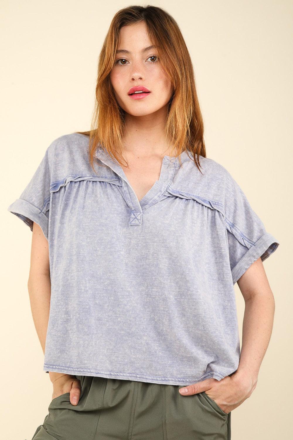 VERY J Nochted Short Sleeve Washed T-Shirt Denim