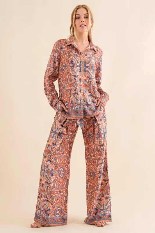 And The Why Satin Paisley Pattern Button Down Shirts