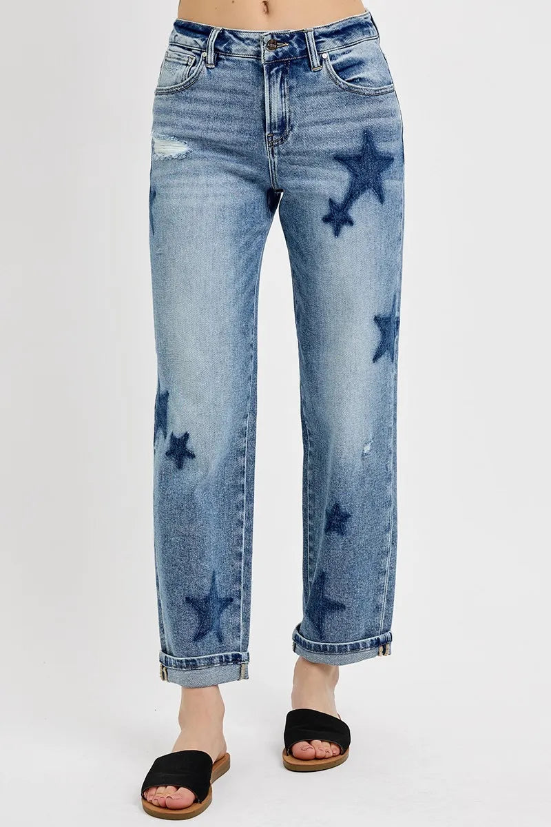RISEN Full Size Mid Rise Boyfriend Star Shadow Detail Cuffed Jeans Plus Size MEDIUM