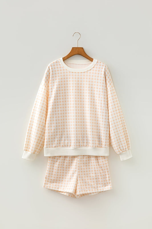 Gingham Plaid Baggy Pullover and Drawstring Shorts Set