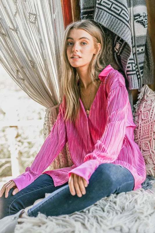 And The Why V Neck Pleated Long Sleeves Shirt