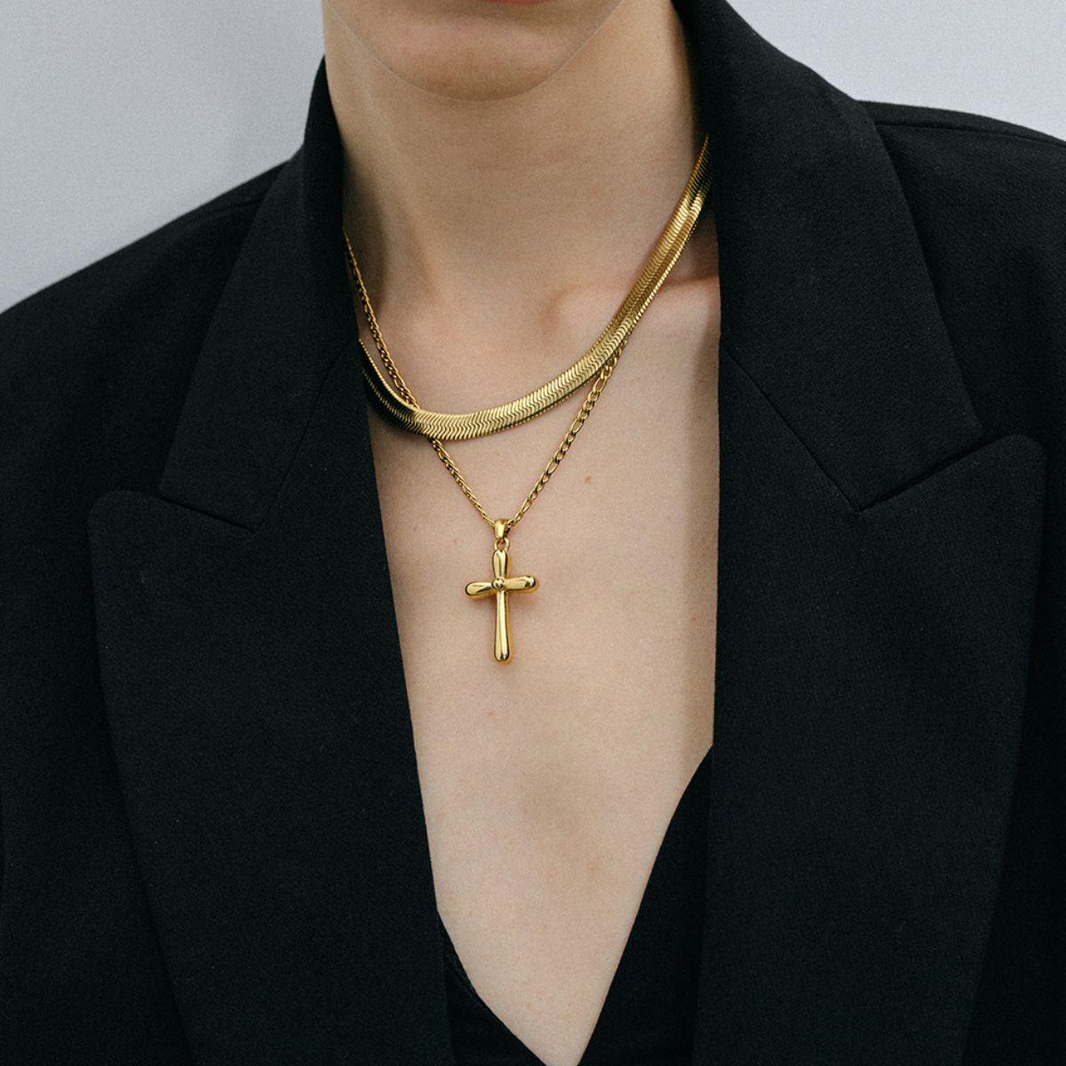 Stainless Steel Cross Necklace Gold One Size