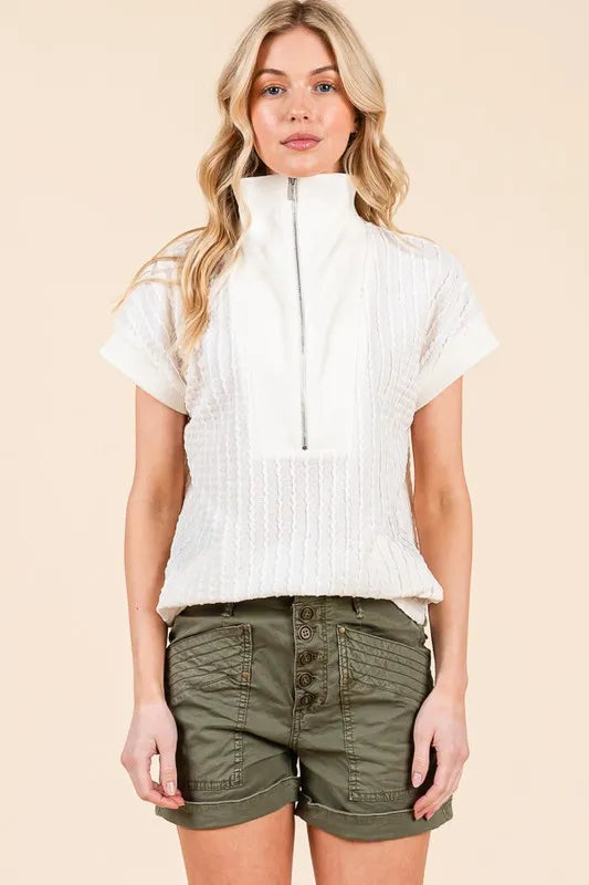 Lime 'N' Chili Textured Half Zip Cap Sleeve Contrast Top