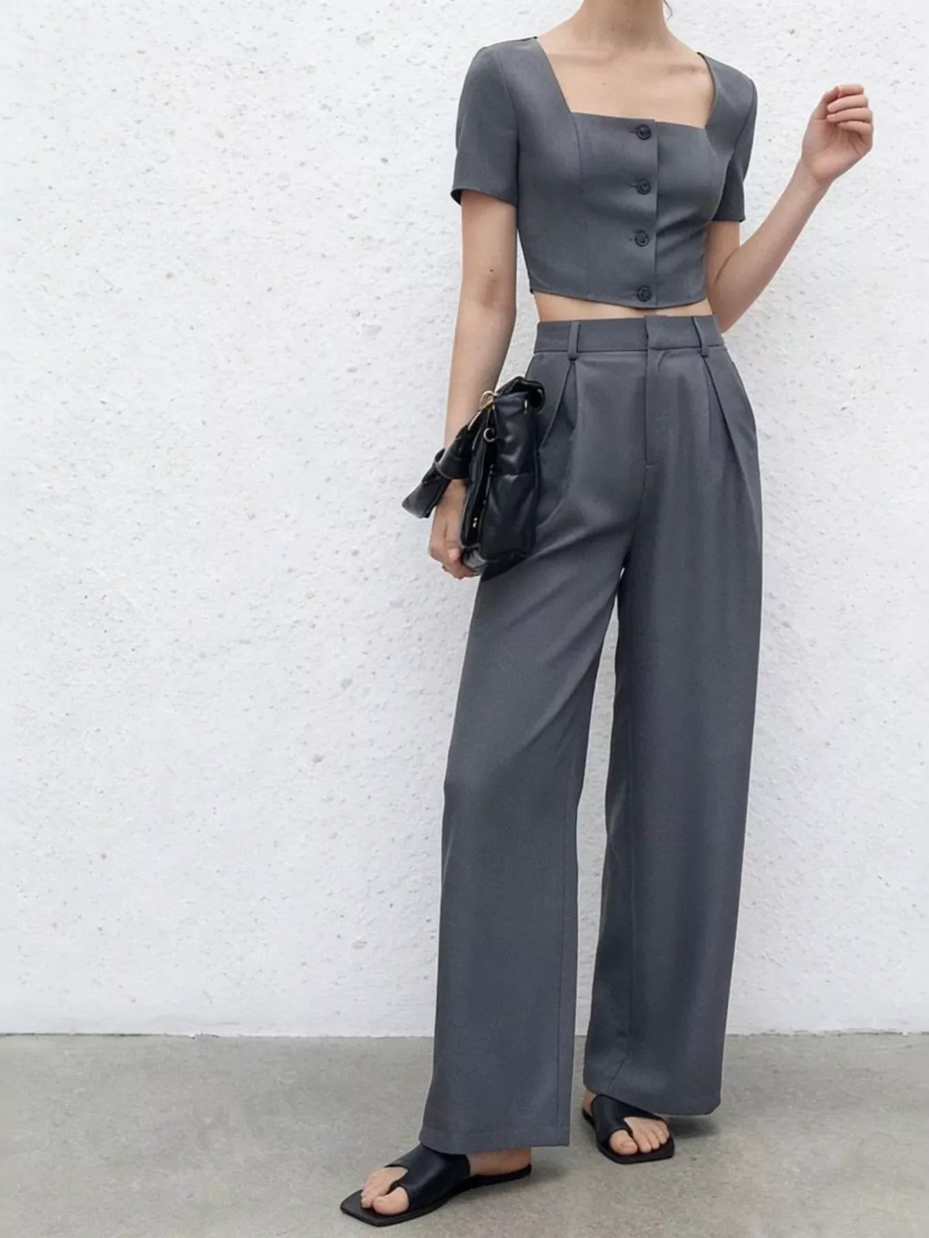 Square Neck Crop Top & Wide Leg Pants Set