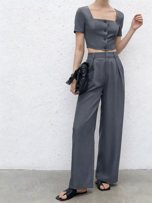 Square Neck Crop Top & Wide Leg Pants Set